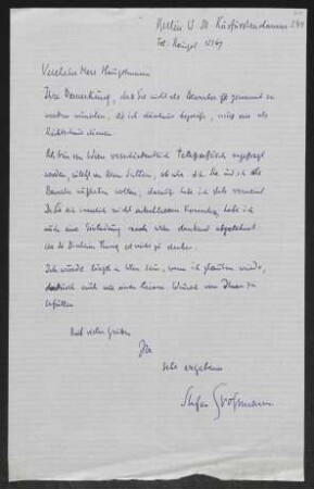 Brief von Stefan Großmann an Gerhart Hauptmann