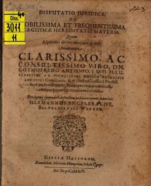 Disp. iur. de nobilissima et frequentissima legitimae hereditatis materia