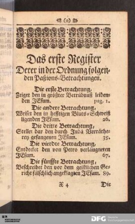 Das erste Register Derer in der Ordnung folgenden Paßions-Betrachtungen.