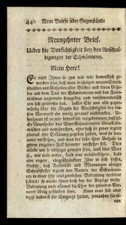 Neunzehnter Brief. Ueber die Vorsichtigkeit bey den Anschuldigungen der Schwärmerey