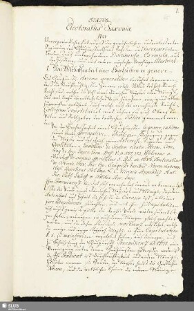 Status Electoratus Saxoniae oder Unvorgreifflicher Entwurff der gewöhnlichen und verbeßerten Regierung des ChurFürstenthums Sachßen [...].