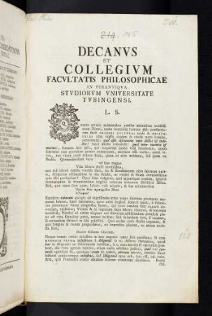 Decanvs Et Collegivm Facvltatis Philosophicae In Perantiqva Stvdiorvm Vniversitate Tvbingensi. L. S.