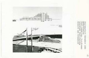 Ruderstadion, Berlin-Zehlendorf (Diplomarbeit bei Peter Poelzig): Schnitt 1:200 und Perspektivische Ansicht (Vogelschau)
