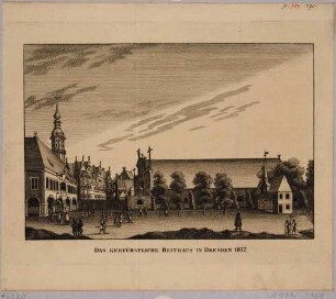 Das kurfürstliche Reithaus am Zwingerwall westlich des Residenzschlosses in Dresden (1677/78 von Wolf Kaspar von Klengel, um 1711 für Zwinger abgerissen), aus den Abbildungen zur Chronik Dresdens von 1835