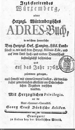 1768: Württembergisches Adressbuch, 1768