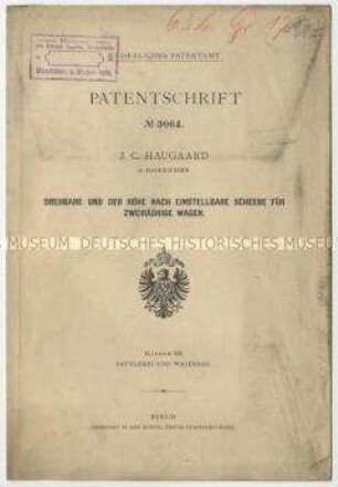 Patentschrift einer drehbaren und einstellbaren Schere für zweirädrige Wagen, Patent-Nr. 3064