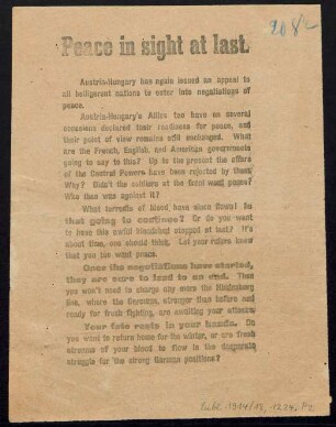 Peace in sight at last : Austria-Hungary has again issued an appeal to all belligerent nations to enter into negotiations of peace ...