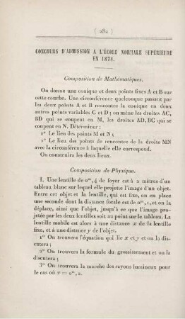 Concours d'admission a l'École Normale supérieure en 1878.