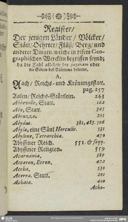 Register, Der jenigen Länder, Völcker, Stätt, Oehrter, Flüß, Berg, und anderer Dingen, welche in disem Geographischen Wercklein begriffen seynd ...
