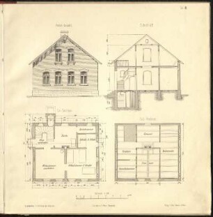 Tafel III: Beispiel eines Arbeiterwohnhauses, Ansicht, Schnitt, Grundriss