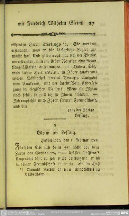 9. Gleim an Lessing. Halberstadt, den 1. Februar 1758