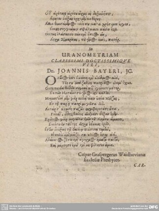 In URANOMETRIAM CLARISSIMI DOCTISSIMIQUE VIRI, Dn. JOANNIS BAYERI, JC.