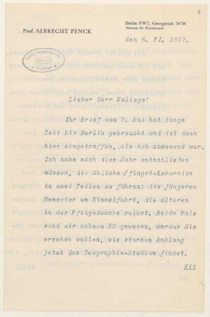 Brief von Albrecht Penck an Hans Steffen