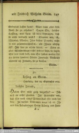 52. Lessing an Gleim. Hamburg, den 24. September 1768