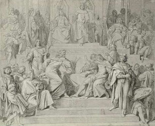 Entwurf zum Frankfurter Ölgemälde des "Sängerkrieges auf der Wartburg", 2. Fassung : Schwind, Moritz von: Entwurf zum Frankfurter Ölgemälde "Der Sängerkrieg auf der Wartburg". 2. Fassung, um 1843. Tusche und Sepia auf braunem Papier, weiß gehöht; 62 x 76 cm. Dresden: Kupferstich-Kabinett 1894/7