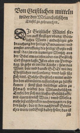 Von Geistlichen mitteln wider den Melancholischen Teufel zu gebrauchen.