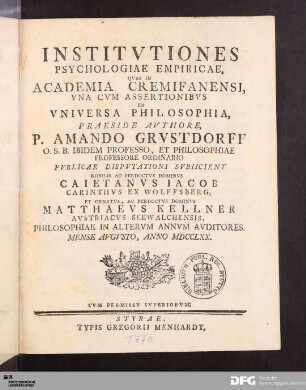 Institvtiones Psychologiae Empiricae, Qvas In Academia Cremifanensi, Vna Cvm Assertionibvs Ex Vniversa Philosophia
