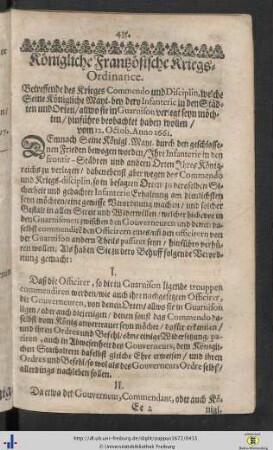 Koenigliche Frantzoesische Kriegs-Ordinance.