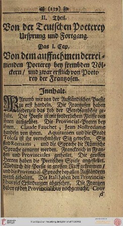 II. Theil: Von der Teutschen Poeterey Ursprung und Fortgang. Das I. Cap.: Von Poeterey der Franzosen