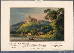 Schloss Scharfenberg (Klipphausen) über der Elbe zwischen Meißen und Dresden, nach Vorlage von Adrian Zingg vor dem Brand 1783