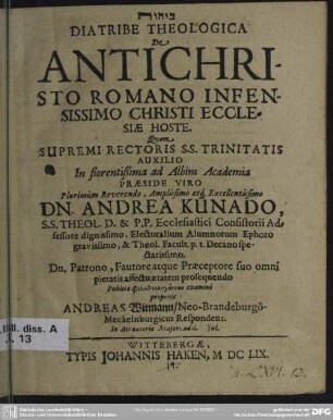 Diatribe theologica de antichristo Romano infensissimo Christi ecclesiae hoste