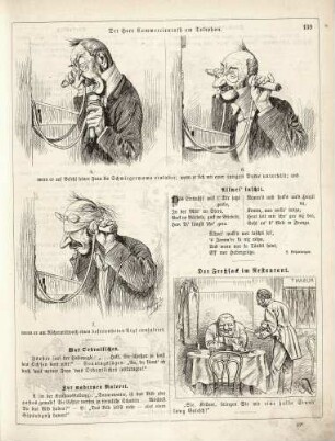"Der Herr Commercienrath am Telephon" "Der Freßsack im Restaurant"