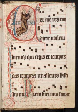 Bewohnte Initiale: Zierinitiale: E(terne rerum conditor noctem), ein Mönch präsentiert das von ihm geschriebene Buch