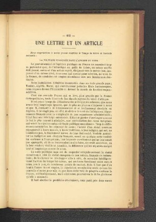 Une Lettre et un Article.