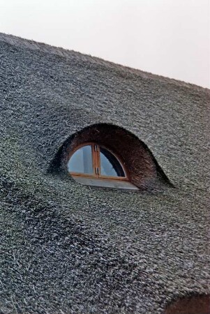 Sühlen: Zur Trave 16: Fachwerkkate mit Reetdach: Traufseite, Detailaufnahme: Fledermausgaube: August 1994