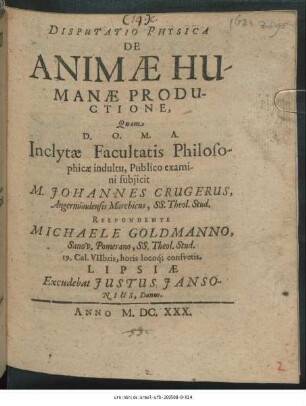 Disputatio Physica De Animae Humanae Productione