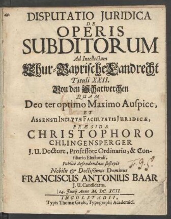 Disputatio Iuridica De Operis Subditorum : Ad Intellectum Chur-Bayrische Landrecht Tituli XXII. Von den Scharwerchen