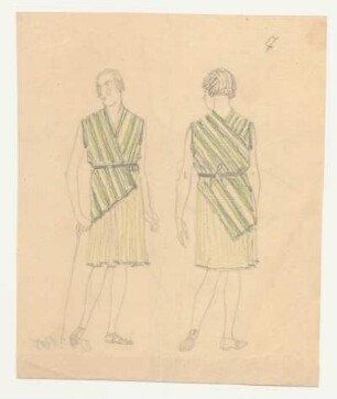 Entwurf Damenkleid : Vorder- und Rückenansicht einer Kombination aus knielangem Faltenrock und Bluse, diagonal gewickelt, mit Band gegürtet