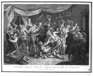 Bataille arrivée dans le Tripot, qui trouble la Comedie : Jeaurat, Edme nach Pater, Jean-Baptiste Francois. Bataille arrivée dans le Tripot, qui trouble la Comedie. Kupferstich; 30 x 38,2 cm. Dresden: Kupferstich-Kabinett A 69 534 in A 748, 2