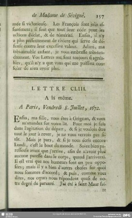 Lettre CLIII. A la même. A Paris, Vendredi 8. Juillet, 1672