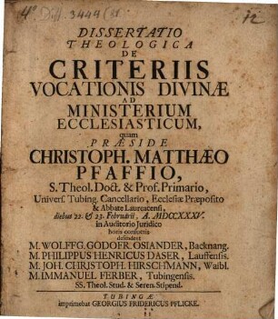 Diss. theol. de criteriis vocationis divinae ad ministerium ecclesiasticum