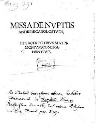 Missa De Nvptiis Andreae Carolostadii, Et Sacerdotibvs Matrimonivm Contrahentibvs