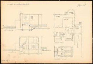 Zweifamilienhaus Monatskonkurrenz Februar 1930: Lageplan 1:500; Grundriss Keller, Aufriss Seitenansicht, Längsschnitt