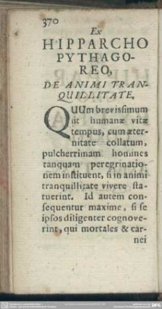 Ex Hipparcho Pythagoreo, De Animi Tranquillitate