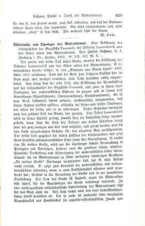 629-630 [Rezension] Beßmer, Julius, Philosophie und Theologie des Modernismus