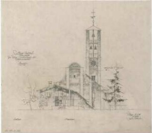Gsaenger, Gustav; Oberstdorf / Allgäu (Bayern); Ev. Kirche - Turmprojekt zum Umbau, Erweiterungs- u. Pfarramtsneubau, Südseite (Ansicht)