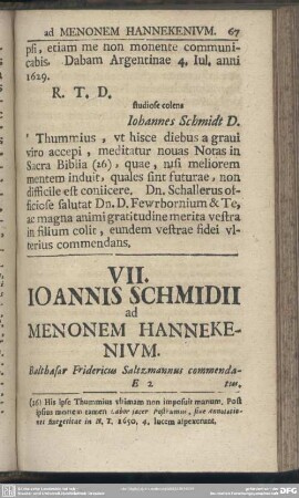 VII. Ioannis Schmidii ad Menonem Hannekenium