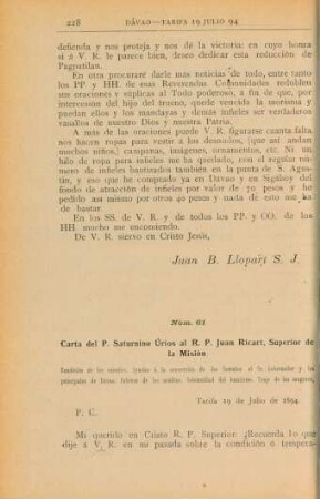 Núm. 61. Carta del P. Saturnino Úrios al R. P. Juan Ricart, Superior de la Misión