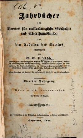 Jahrbücher des Vereins für Mecklenburgische Geschichte und Altertumskunde. 2, 2. 1837