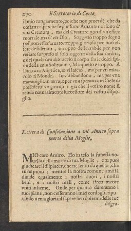 Lettera di Consolazione a un' Amico sopra morte della Moglie.