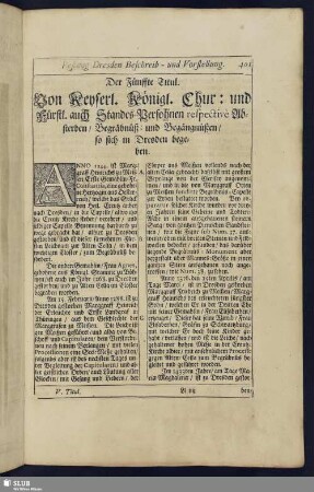 Der Fünffte Titul. Von Keyserl. Königl. Chur: und Fürstl. auch Standes-Persohnen respective Absterben/ Begräbnis: und Begängnüßen