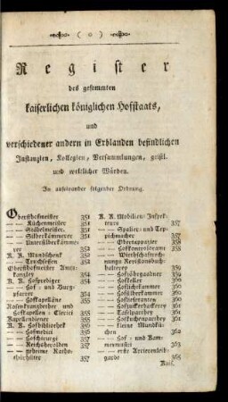 Register des gesammten kaiserlichen königlichen Hofstaats, und verschiedener andern in Erblanden befindlichen Instanzien, Kollegien, Versammlungen, geistl. und weltlicher Würden