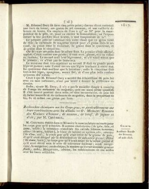 Recherches chimiques sur les Corps gras, et particulièrement sur leurs combinaisons avec les alkalis. - 6e. Memoire. Examen des Graisses d'homme, de mouton, de bœuf, de jaguar et d'oie