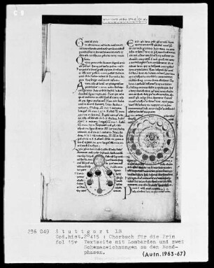 Chorbuch für die Prim — Textseite mit zwei Schemazeichnungen, Folio 15verso