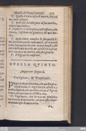 Duello Quinto. Augurare Dignità.