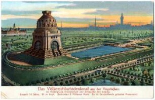 Das Völkerschlachtdenkmal aus der Vogelschau : im Hintergrund Krematorium und Silhouette von Leipzig